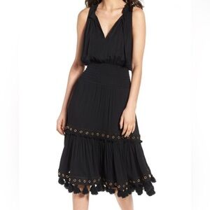 MISA Zelda Smocked Boho Tiered Midi Dress Black Tassel Sleeveless Peasant Size M